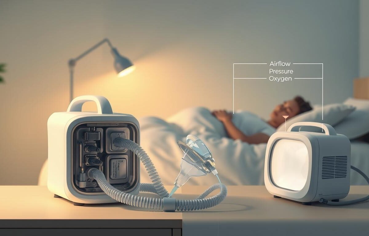 A detailed illustration depicting the working principle of a sleep apnea machine. In the foreground, an elegantly designed sleep apnea machine with visible airflow components, tubes, and a mask gently resting on a bedside table. The middle layer features a peaceful bedroom environment with soft, ambient lighting casting a warm glow, emphasizing tranquility. The background shows a bed with a person in professional sleepwear, lying comfortably while connected to the machine. A faint diagram overlay highlighting airflow, pressure, and oxygen delivery can be subtly integrated into the scene, ensuring clarity on the device's function. The overall mood is calm and informative, inviting the viewer to understand how the device influences restful sleep.