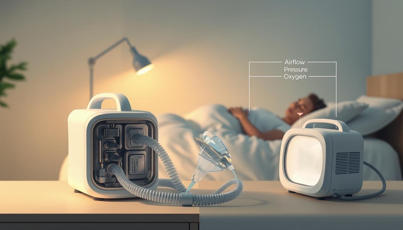 A detailed illustration depicting the working principle of a sleep apnea machine. In the foreground, an elegantly designed sleep apnea machine with visible airflow components, tubes, and a mask gently resting on a bedside table. The middle layer features a peaceful bedroom environment with soft, ambient lighting casting a warm glow, emphasizing tranquility. The background shows a bed with a person in professional sleepwear, lying comfortably while connected to the machine. A faint diagram overlay highlighting airflow, pressure, and oxygen delivery can be subtly integrated into the scene, ensuring clarity on the device's function. The overall mood is calm and informative, inviting the viewer to understand how the device influences restful sleep.