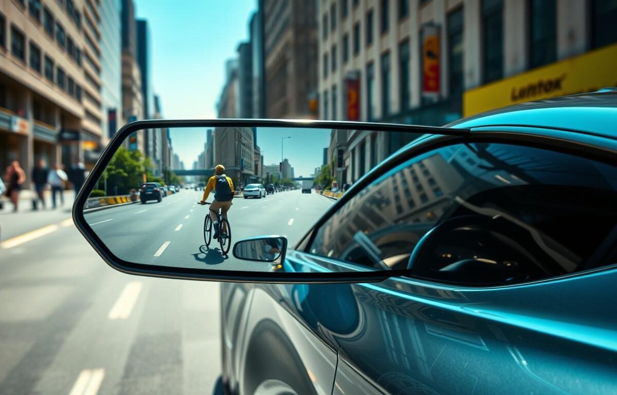 A futuristic car driving on a busy city street, showcasing the innovative electronic rearview mirror technology. In the foreground, the sleek electronic mirror displays a wide-angle view of the side blind spot, clearly highlighting a cyclist approaching the car from behind. The middle ground features the car's side profile, emphasizing its modern design and cutting-edge technology, while the background captures a bustling urban environment with pedestrians and other vehicles. Bright daylight illuminates the scene, creating a vibrant atmosphere. The angle is slightly tilted to emphasize the mirror's display and the enhanced visibility it offers. The overall mood conveys safety and innovation in automotive technology, focusing on the advantages of the electronic rearview mirror in eliminating traditional blind spots.