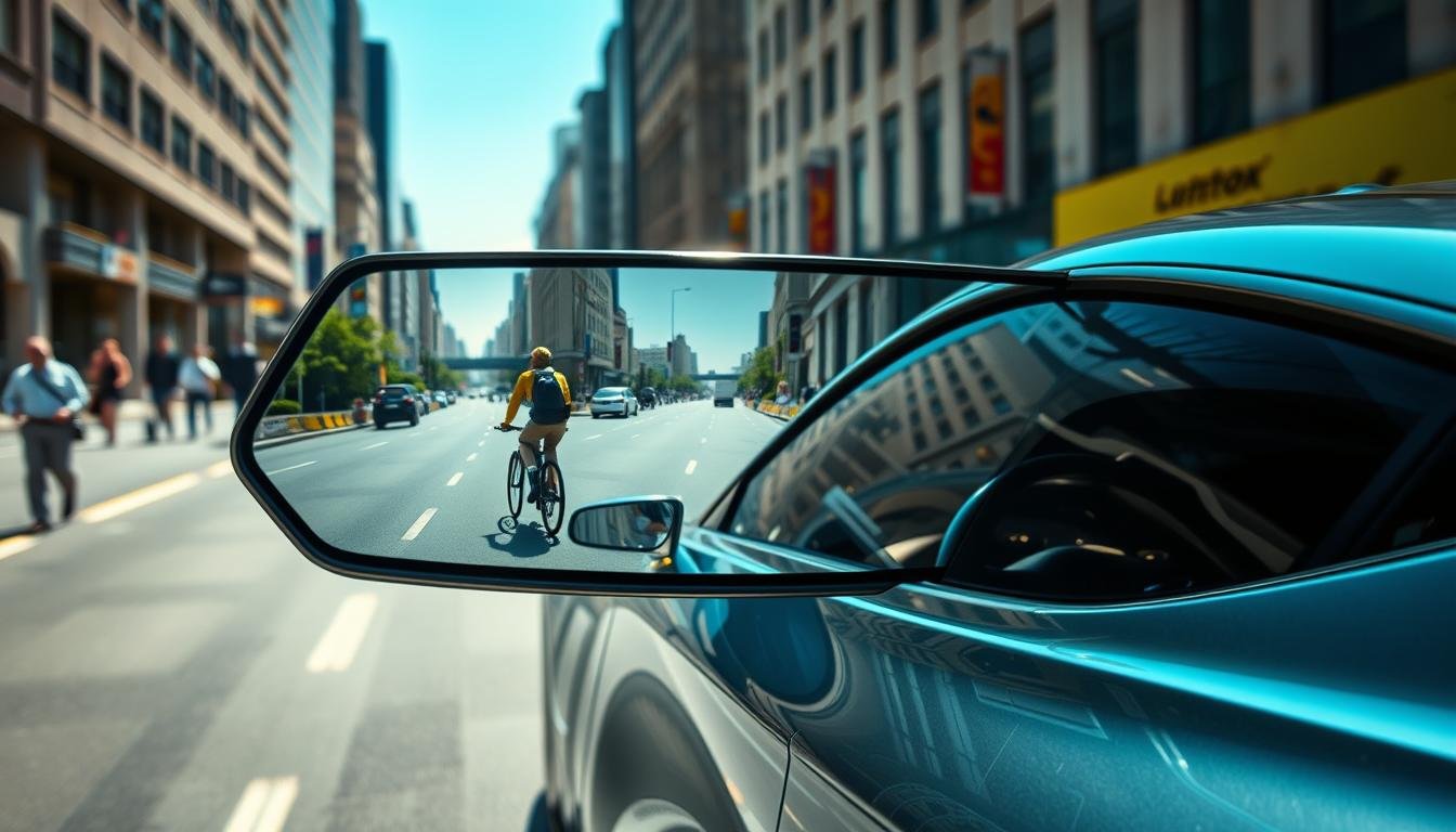 A futuristic car driving on a busy city street, showcasing the innovative electronic rearview mirror technology. In the foreground, the sleek electronic mirror displays a wide-angle view of the side blind spot, clearly highlighting a cyclist approaching the car from behind. The middle ground features the car's side profile, emphasizing its modern design and cutting-edge technology, while the background captures a bustling urban environment with pedestrians and other vehicles. Bright daylight illuminates the scene, creating a vibrant atmosphere. The angle is slightly tilted to emphasize the mirror's display and the enhanced visibility it offers. The overall mood conveys safety and innovation in automotive technology, focusing on the advantages of the electronic rearview mirror in eliminating traditional blind spots.