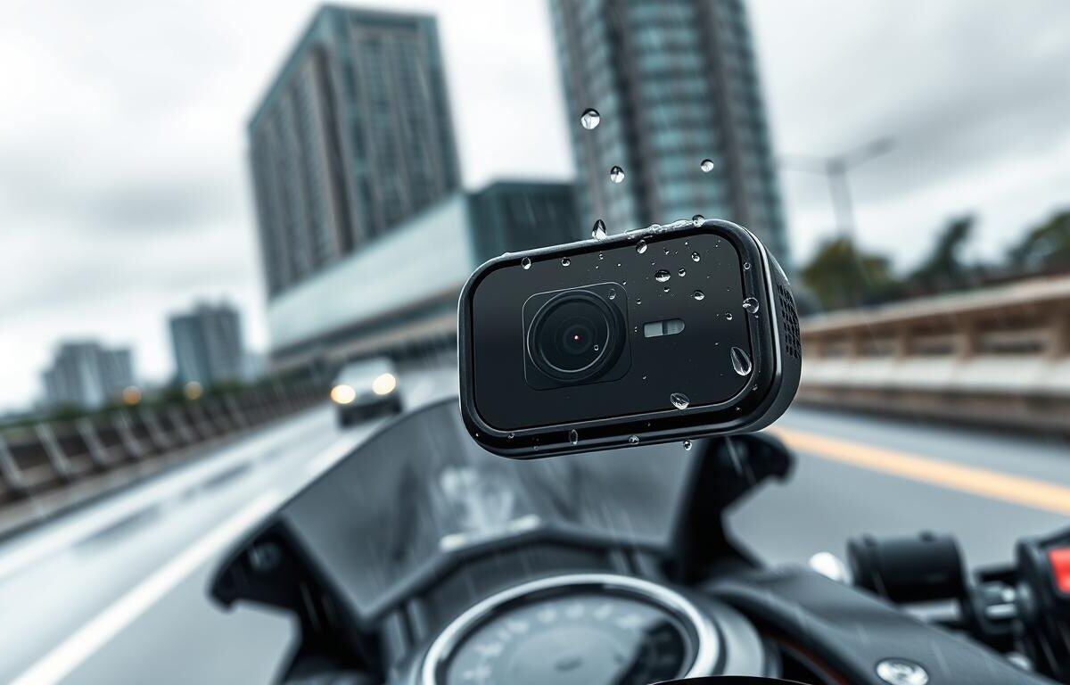 A high-quality image of a motorcycle dashboard featuring a well-designed motorcycle dashcam prominently in the foreground. The camera lens should be detailed to show off its anti-fingerprint hydrophobic coating, emphasizing clarity and functionality in rainy conditions. In the middle ground, depict a rainy urban street scene, with blurred motion effects suggesting speed, and droplets of water elegantly cascading over the dashcam's lens. The background can include shadowy outlines of buildings under a gray, overcast sky, enhancing the mood of challenging weather. Lighting should be soft and diffuse, mimicking the natural light of a cloudy day, to highlight the protective features of the device. The image should convey a sense of resilience and reliability in adverse conditions.