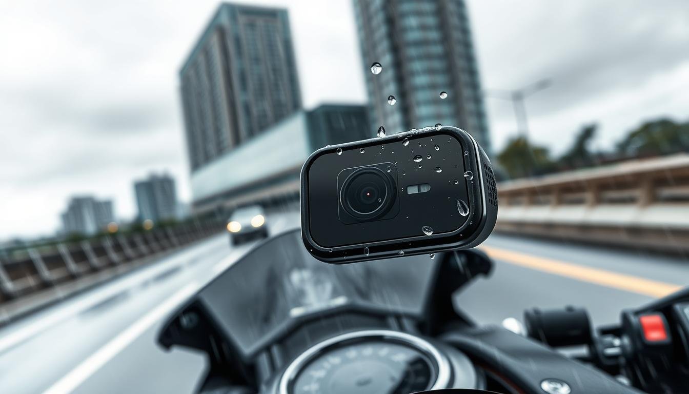 A high-quality image of a motorcycle dashboard featuring a well-designed motorcycle dashcam prominently in the foreground. The camera lens should be detailed to show off its anti-fingerprint hydrophobic coating, emphasizing clarity and functionality in rainy conditions. In the middle ground, depict a rainy urban street scene, with blurred motion effects suggesting speed, and droplets of water elegantly cascading over the dashcam's lens. The background can include shadowy outlines of buildings under a gray, overcast sky, enhancing the mood of challenging weather. Lighting should be soft and diffuse, mimicking the natural light of a cloudy day, to highlight the protective features of the device. The image should convey a sense of resilience and reliability in adverse conditions.