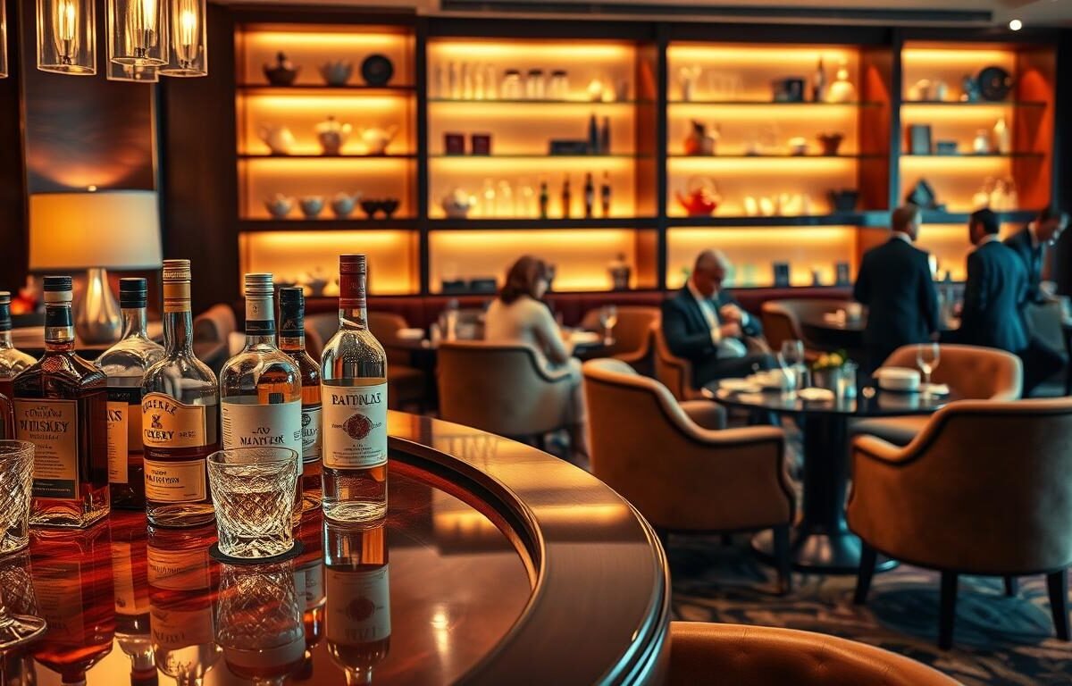 A luxurious hotel bar scene showcasing a variety of high-end spirits and premium teas. In the foreground, a polished mahogany bar featuring an elegant arrangement of bottles, including top-shelf whiskey, rum, vodka, and fine teas, alongside glassware sparkling under warm ambient lighting. The middle ground displays an intimate seating area with plush velvet chairs and stylish tables, where well-dressed guests are engaged in conversation, exuding a sophisticated atmosphere. The background features softly lit shelves adorned with ornate teapots and decorative bottles, creating an inviting ambiance. The scene is captured with a shallow depth of field, emphasizing the bar's delicacies, while warm, golden lighting casts a soft glow, enhancing the overall luxurious feel of the hotel environment.