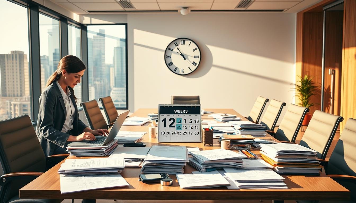 A professional office setting illustrating the role of a company secretary in managing an address change declaration efficiently within a two-week legal timeframe. In the foreground, a focused company secretary in professional business attire is reviewing documents and typing on a laptop. In the middle ground, a large, modern conference table is cluttered with files, office supplies, and a digital calendar displaying the two-week deadline, with a clock on the wall ticking away time. In the background, glass windows show a cityscape under bright, natural light, casting soft shadows to create a productive atmosphere. The image conveys a sense of urgency, efficiency, and professionalism through warm, inviting colors and a well-organized workspace.