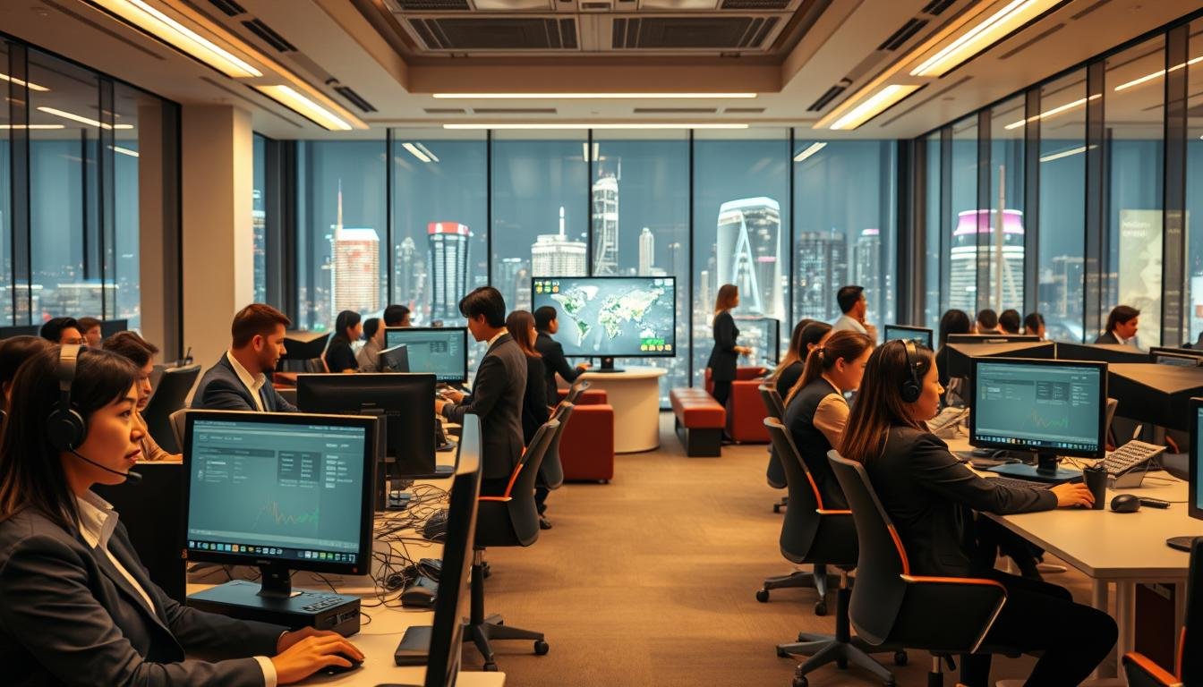A vibrant, modern customer service center depicting the operational model of UG Entertainment City. In the foreground, a diverse group of professional customer service agents, dressed in smart business attire, engage with users via headsets and computers, showcasing teamwork and efficiency. The middle section features sleek desks with multiple monitors displaying live chat interactions, a large screen showing real-time statistics, and a comfortable waiting area. In the background, large glass windows reveal a well-lit, energetic cityscape, symbolizing a 24/7 service environment. Soft, bright lighting enhances the atmosphere, conveying professionalism and accessibility. The camera angle should be slightly elevated, offering a comprehensive view of the bustling environment, evoking a sense of reliability and commitment to customer satisfaction.