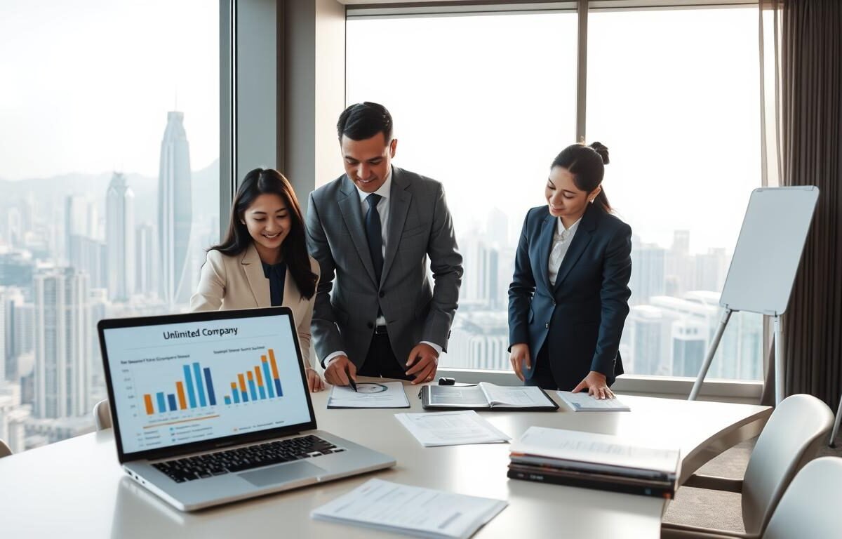 A serene and modern office environment in Hong Kong, featuring a sleek desk with business documents and a laptop showcasing charts and graphs related to unlimited company benefits. In the foreground, a diverse team of three professionals in formal business attire—one Asian woman, one Caucasian man, and one South Asian man—collaborating and discussing strategies over the desk. In the middle ground, large windows display a panoramic view of Hong Kong's skyline, with iconic structures like skyscrapers and the harbor. Soft, natural lighting spills through the windows, creating a bright and optimistic atmosphere. The background subtly includes a whiteboard with key points about starting an unlimited company, ensuring a clear focus on the subject without distractions.