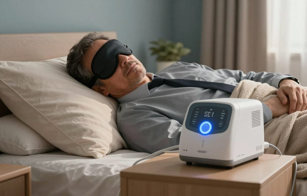 A serene bedroom scene featuring a middle-aged man wearing a comfortable sleep mask and relaxed in bed, deep in slumber, with a state-of-the-art CPAP machine gently humming beside him on a nightstand. In the foreground, soft pillows and a cozy blanket create a peaceful atmosphere. In the middle ground, the CPAP machine is prominently displayed, showcasing its modern design with a soft blue LED light indicating its operation. In the background, there are inviting, muted colors on the walls and subtle morning light filtering through sheer curtains, creating a calm and soothing ambiance. The overall mood is tranquil and restful, conveying the effectiveness of the sleep machine in alleviating daytime sleepiness caused by sleep apnea.