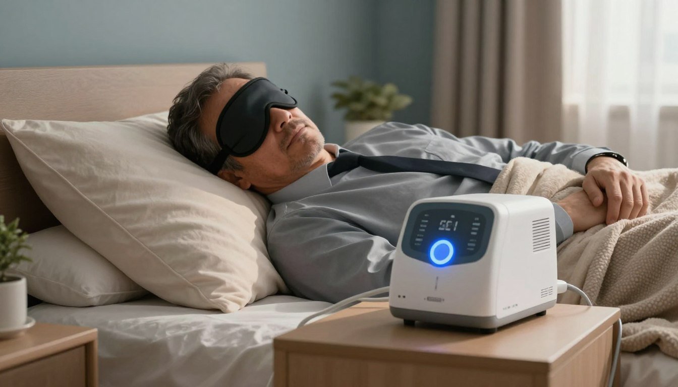 A serene bedroom scene featuring a middle-aged man wearing a comfortable sleep mask and relaxed in bed, deep in slumber, with a state-of-the-art CPAP machine gently humming beside him on a nightstand. In the foreground, soft pillows and a cozy blanket create a peaceful atmosphere. In the middle ground, the CPAP machine is prominently displayed, showcasing its modern design with a soft blue LED light indicating its operation. In the background, there are inviting, muted colors on the walls and subtle morning light filtering through sheer curtains, creating a calm and soothing ambiance. The overall mood is tranquil and restful, conveying the effectiveness of the sleep machine in alleviating daytime sleepiness caused by sleep apnea.