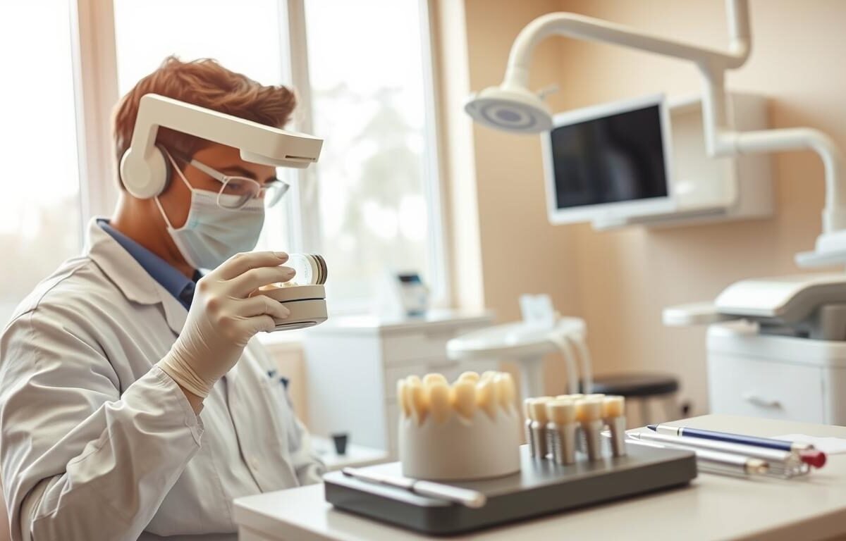 A dental laboratory scene focused on the precise process of creating dental impressions and installing crowns for implants. The foreground features a skilled dentist in professional attire, carefully taking an impression with a digital 3D scanner, showcasing advanced technology and attention to detail. In the middle ground, dental tools are neatly arranged, including a crown being prepared for implantation. The background depicts a bright, modern clinic with large windows allowing natural light, contributing to a sterile yet inviting atmosphere. The image should convey a sense of innovation and professionalism in dental care, with warm colors to enhance the welcoming mood. Use a slightly elevated angle to capture the depth of the scene and focus on the intricate details of the procedure.