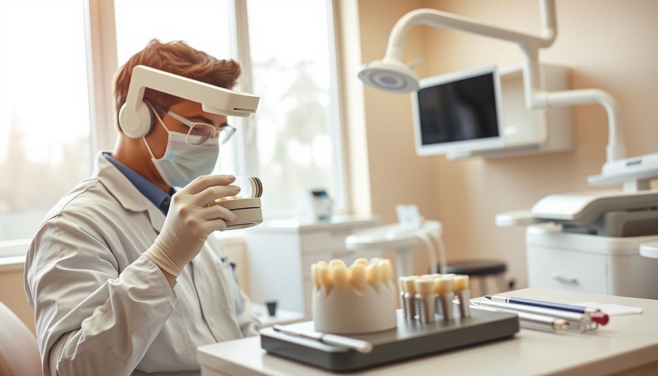 A dental laboratory scene focused on the precise process of creating dental impressions and installing crowns for implants. The foreground features a skilled dentist in professional attire, carefully taking an impression with a digital 3D scanner, showcasing advanced technology and attention to detail. In the middle ground, dental tools are neatly arranged, including a crown being prepared for implantation. The background depicts a bright, modern clinic with large windows allowing natural light, contributing to a sterile yet inviting atmosphere. The image should convey a sense of innovation and professionalism in dental care, with warm colors to enhance the welcoming mood. Use a slightly elevated angle to capture the depth of the scene and focus on the intricate details of the procedure.