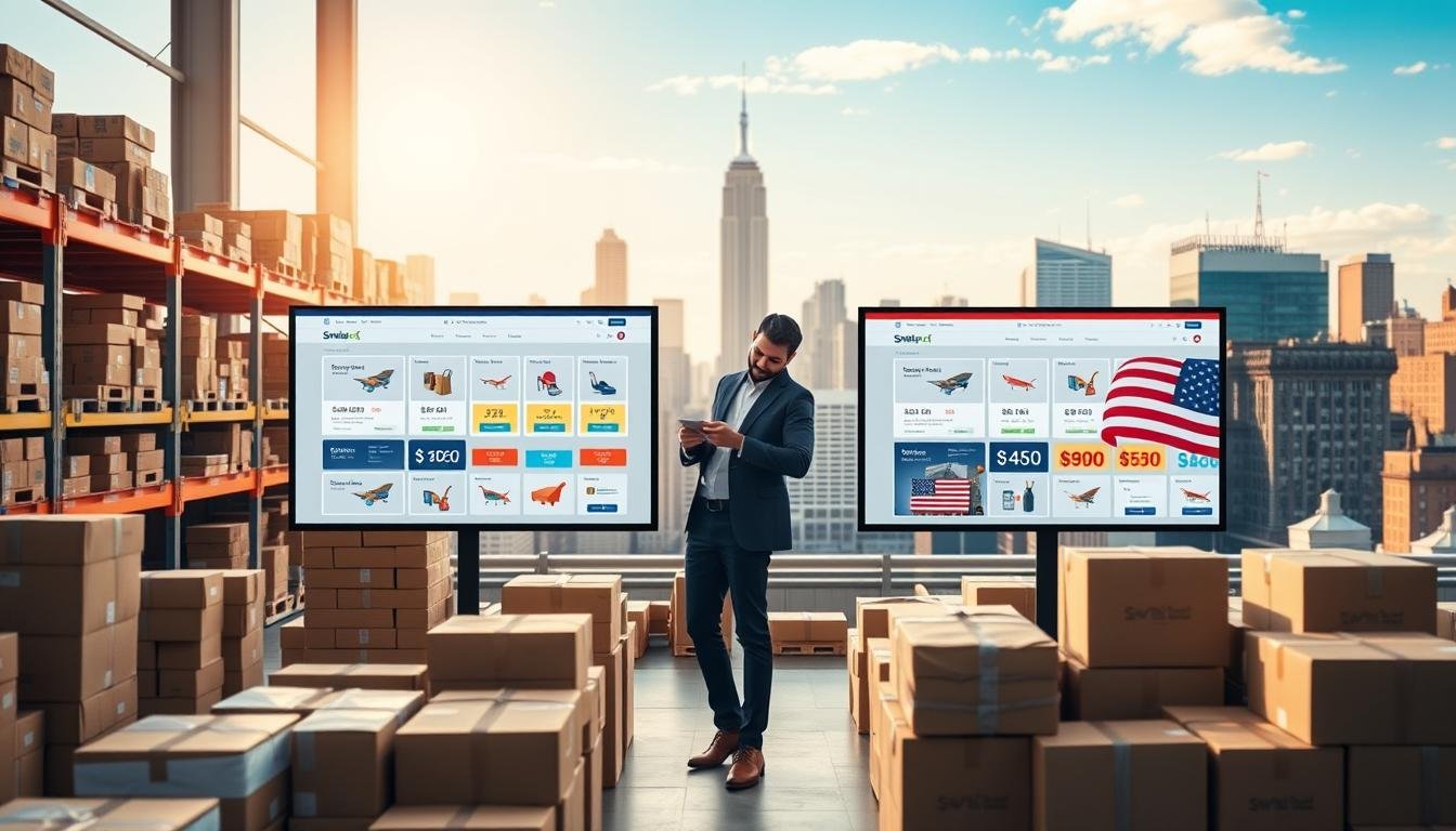 A detailed comparison image showcasing the unique features of "smilelong" versus other well-known American purchasing agencies. In the foreground, display a sleek, modern warehouse setting with neatly organized packages and a professional-looking person in smart casual attire examining a package. In the middle ground, include side-by-side visuals of various shopping platforms on screens, highlighting differences in shipping options and pricing. In the background, depict a vibrant cityscape symbolizing the United States, with clear skies and light streaming in, creating a welcoming atmosphere. Use a warm color palette to evoke positivity and trust. The overall composition should feel informative yet visually engaging, inviting viewers to explore the distinct advantages each service offers.