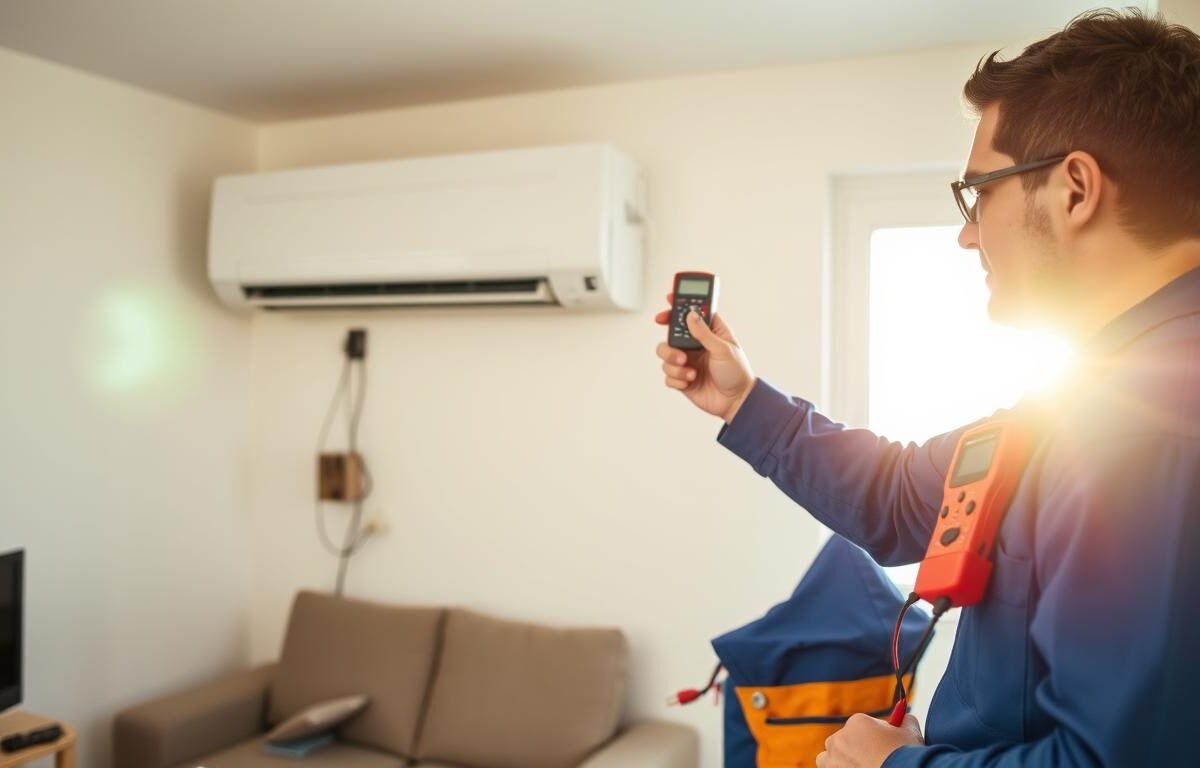 A detailed image of a professional technician installing a split air conditioning unit in a compact residential space. In the foreground, the technician, dressed in a blue uniform with a tool belt, is carefully measuring electrical loads with a multimeter. The middle ground showcases the AC unit mounted on the wall, surrounded by wires and installation tools. In the background, a small living room can be seen, with a window showing a sunny day outside, enhancing the brightness of the scene. The lighting is bright and natural, creating a sense of productivity and professionalism. The atmosphere should feel focused and technical, conveying the significance of proper air conditioning installation in ensuring adequate electrical load management.