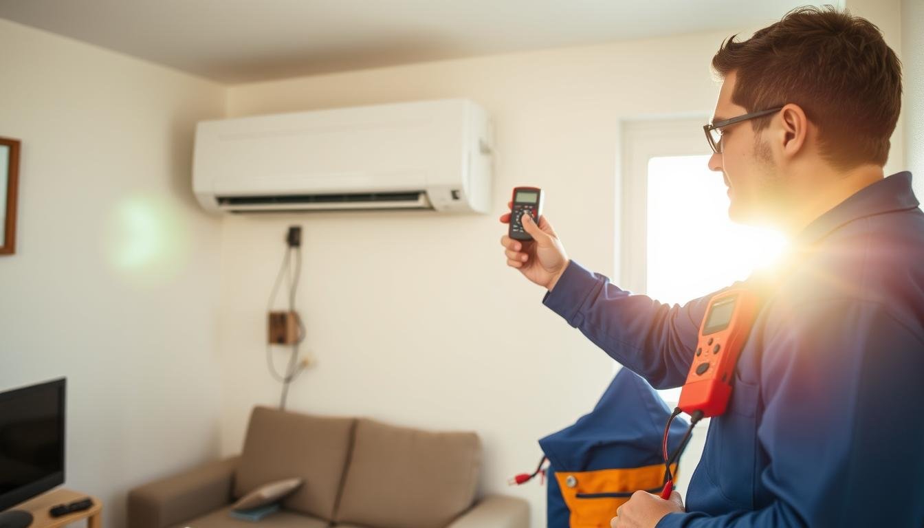 A detailed image of a professional technician installing a split air conditioning unit in a compact residential space. In the foreground, the technician, dressed in a blue uniform with a tool belt, is carefully measuring electrical loads with a multimeter. The middle ground showcases the AC unit mounted on the wall, surrounded by wires and installation tools. In the background, a small living room can be seen, with a window showing a sunny day outside, enhancing the brightness of the scene. The lighting is bright and natural, creating a sense of productivity and professionalism. The atmosphere should feel focused and technical, conveying the significance of proper air conditioning installation in ensuring adequate electrical load management.