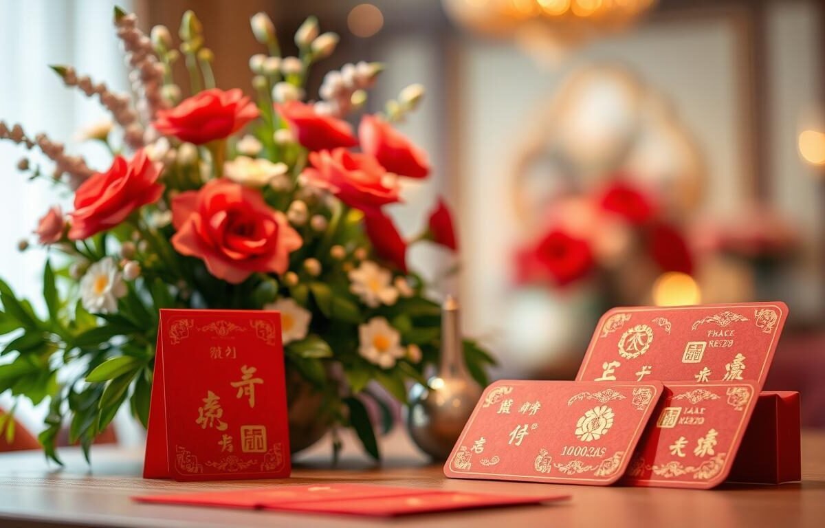 A beautifully arranged table display showcasing traditional red envelopes (红包) for wedding gifts, featuring various amounts prominently marked. In the foreground, focus on several intricately designed red envelopes, embellished with gold motifs symbolizing prosperity and luck. The middle ground presents lush floral decorations typical of engagement ceremonies, enhancing the festive atmosphere. The background softly blurs to reveal a warm, inviting setting with gentle lighting, creating an intimate celebratory mood. Use soft, diffused light to highlight the textures of the envelopes and flowers, with a slight depth of field effect to draw attention to the foreground elements. Emphasize elegance and cultural significance, evoking anticipation and joy associated with engagement traditions.