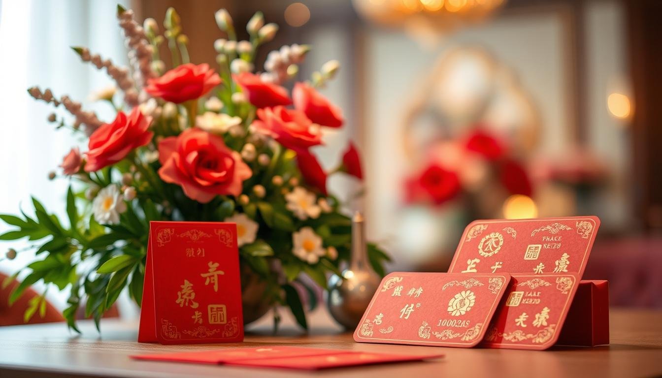 A beautifully arranged table display showcasing traditional red envelopes (红包) for wedding gifts, featuring various amounts prominently marked. In the foreground, focus on several intricately designed red envelopes, embellished with gold motifs symbolizing prosperity and luck. The middle ground presents lush floral decorations typical of engagement ceremonies, enhancing the festive atmosphere. The background softly blurs to reveal a warm, inviting setting with gentle lighting, creating an intimate celebratory mood. Use soft, diffused light to highlight the textures of the envelopes and flowers, with a slight depth of field effect to draw attention to the foreground elements. Emphasize elegance and cultural significance, evoking anticipation and joy associated with engagement traditions.