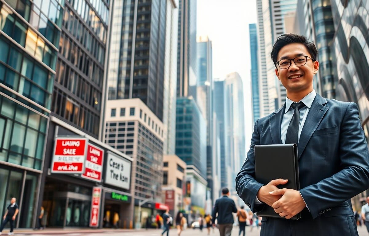 A bustling business district in Wan Chai, Hong Kong, showcasing modern office buildings with glass facades reflecting the skyline. In the foreground, a professional business person in business attire stands confidently, holding a portfolio, symbolizing the advantages of leasing office space. The middle ground features a variety of office buildings, some occupied, with signs indicating available rental spaces. The background shows the vibrant city life, including pedestrians and distinct architectural elements of Wan Chai, highlighting its unique character. Soft, natural lighting creates a warm atmosphere, emphasizing professionalism and opportunity. The image is composed with a slightly upward angle, conveying growth and ambition.