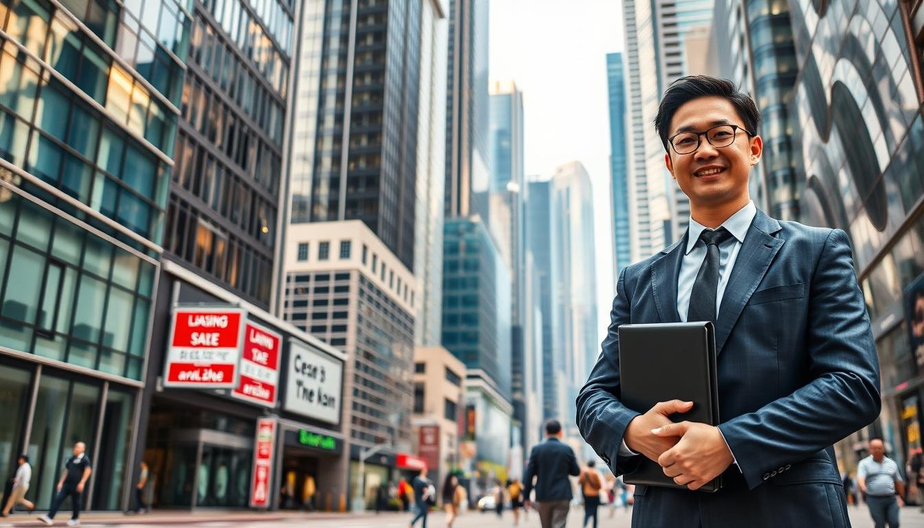 A bustling business district in Wan Chai, Hong Kong, showcasing modern office buildings with glass facades reflecting the skyline. In the foreground, a professional business person in business attire stands confidently, holding a portfolio, symbolizing the advantages of leasing office space. The middle ground features a variety of office buildings, some occupied, with signs indicating available rental spaces. The background shows the vibrant city life, including pedestrians and distinct architectural elements of Wan Chai, highlighting its unique character. Soft, natural lighting creates a warm atmosphere, emphasizing professionalism and opportunity. The image is composed with a slightly upward angle, conveying growth and ambition.
