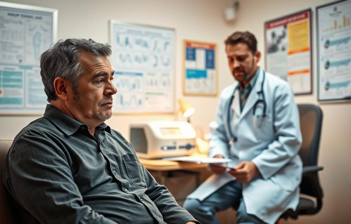 A middle-aged man experiencing obstructive sleep apnea is sitting in a doctor's office, looking frustrated as he struggles to communicate with a medical professional. In the foreground, the man is dressed in casual but neat clothing, his expression conveying confusion and concern. The middle section shows a doctor in a white coat, listening attentively, with a concerned expression as they review a sleep machine and documentation on the desk. In the background, a softly lit, well-organized medical office filled with charts and medical posters, creating a professional atmosphere. The lighting is warm and inviting, adding a sense of empathy to the scene, while emphasizing the challenges of language barriers in medical contexts.