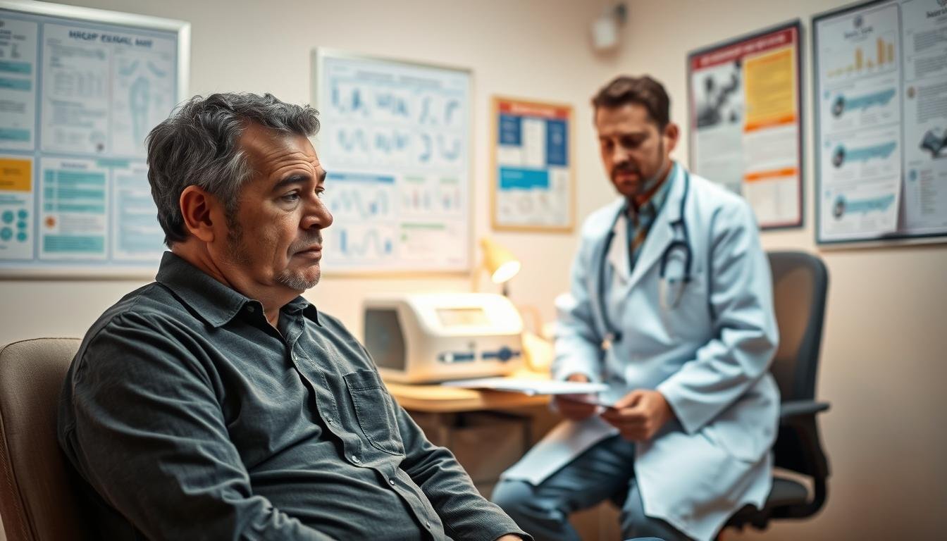 A middle-aged man experiencing obstructive sleep apnea is sitting in a doctor's office, looking frustrated as he struggles to communicate with a medical professional. In the foreground, the man is dressed in casual but neat clothing, his expression conveying confusion and concern. The middle section shows a doctor in a white coat, listening attentively, with a concerned expression as they review a sleep machine and documentation on the desk. In the background, a softly lit, well-organized medical office filled with charts and medical posters, creating a professional atmosphere. The lighting is warm and inviting, adding a sense of empathy to the scene, while emphasizing the challenges of language barriers in medical contexts.