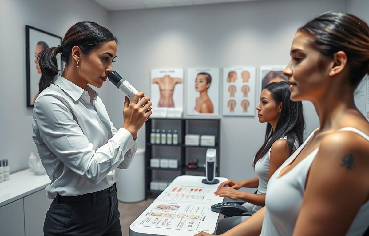 A well-lit professional consultation room focusing on skin and hair analysis in a hair removal clinic. In the foreground, a licensed aesthetician in smart casual attire is examining a patient's skin with a dermatoscope, showcasing a diverse set of skin tones. The middle ground highlights a modern consultation table with skin samples and hair analysis devices, surrounded by charts detailing hair types and skin conditions. In the background, soft lighting creates a calming atmosphere, with shelves of skincare products and educational posters on skin and hair health. The image should convey a sense of professionalism and personalized care, emphasizing the importance of individual assessments in hair removal treatments.