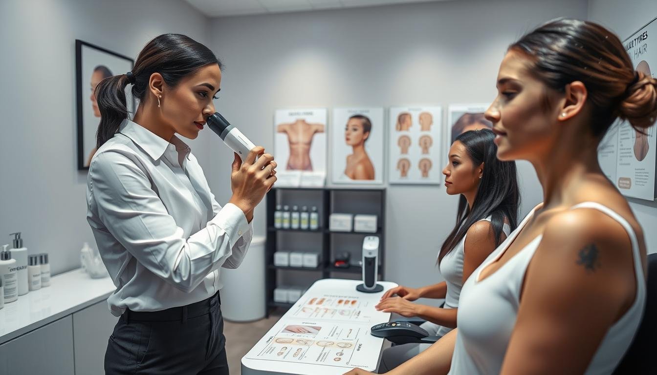 A well-lit professional consultation room focusing on skin and hair analysis in a hair removal clinic. In the foreground, a licensed aesthetician in smart casual attire is examining a patient's skin with a dermatoscope, showcasing a diverse set of skin tones. The middle ground highlights a modern consultation table with skin samples and hair analysis devices, surrounded by charts detailing hair types and skin conditions. In the background, soft lighting creates a calming atmosphere, with shelves of skincare products and educational posters on skin and hair health. The image should convey a sense of professionalism and personalized care, emphasizing the importance of individual assessments in hair removal treatments.